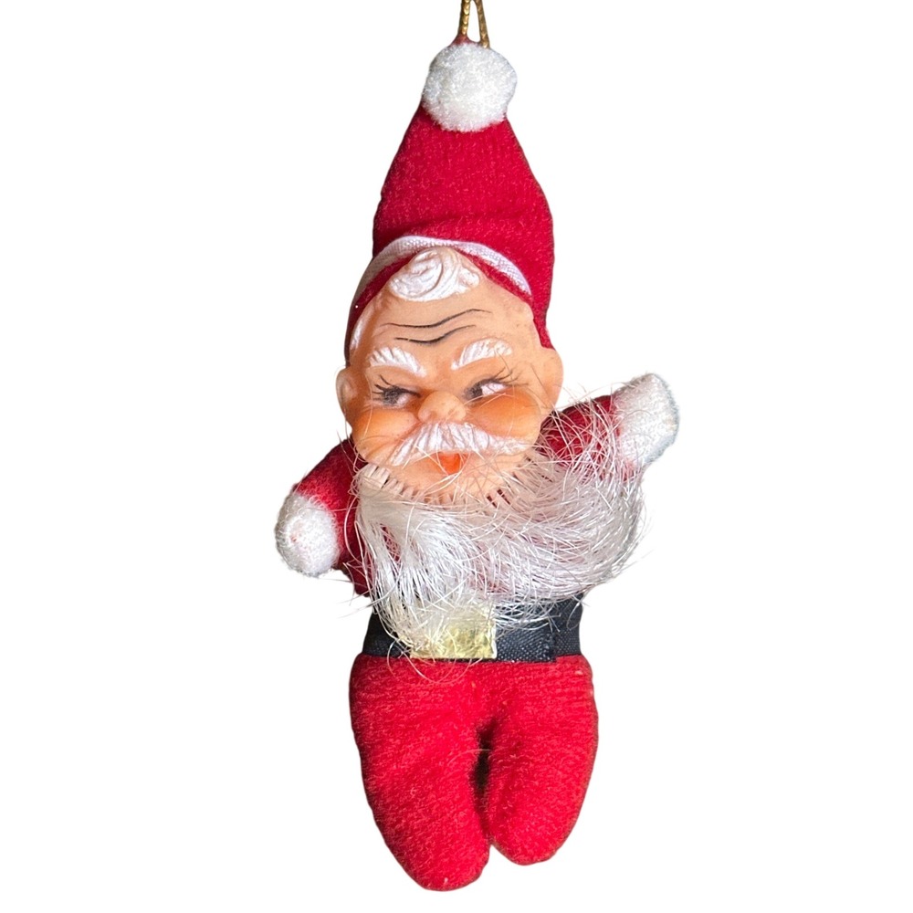 Vintage Rubber Face Red Plush Mini Santa Claus Christmas Doll Ornament